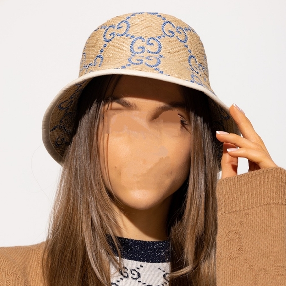 Nwt. Gucci bucket hat . M ,beige raffia blue GG .lined - Picture 8 of 8